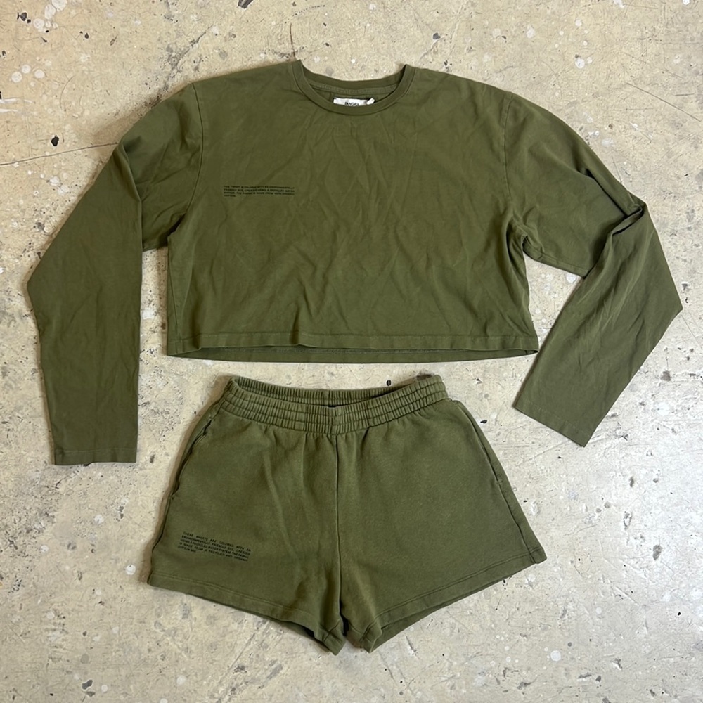 Pangaia Set - Army Green Olive Cropped Long Sleeve Shirt and Shorts